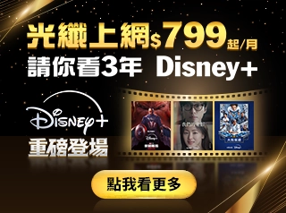 光纖上網$799起/月，請你看3年 Disney+